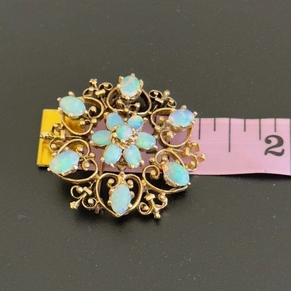 Vintage 14K Yellow Gold Opal Flower Heart Filigree Scroll Pendant Brooch Pin - Picture 8 of 10